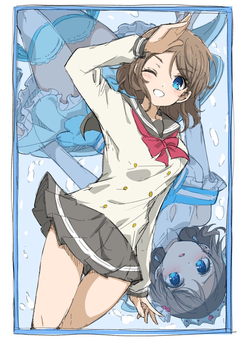 1girl blue_eyes brown_hair grey_hair koi_ni_naritai_aquarium love_live! love_live!_sunshine!! salute school_uniform serafuku short_hair skirt smile solo thighs uranohoshi_school_uniform watanabe_you