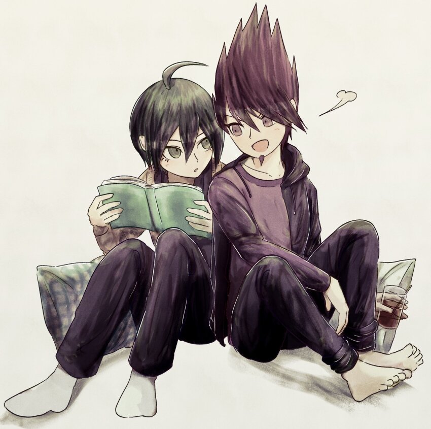 2boys ahoge barefoot black_hair black_hoodie black_jacket book commentary cup cushion danganronpa_(series) danganronpa_v3:_killing_harmony dnrndmk facial_hair goat goatee grey_background hair_between_eyes highres holding holding_book holding_cup hood hoodie jacket long_sleeves lower_eyelashes_only male_focus momota_kaito multiple_boys open_mouth pants pillow purple_facial_hair purple_hair saihara_shuichi shirt short_hair simple_background sitting smile socks spiked_hair symbol-only_commentary white_socks