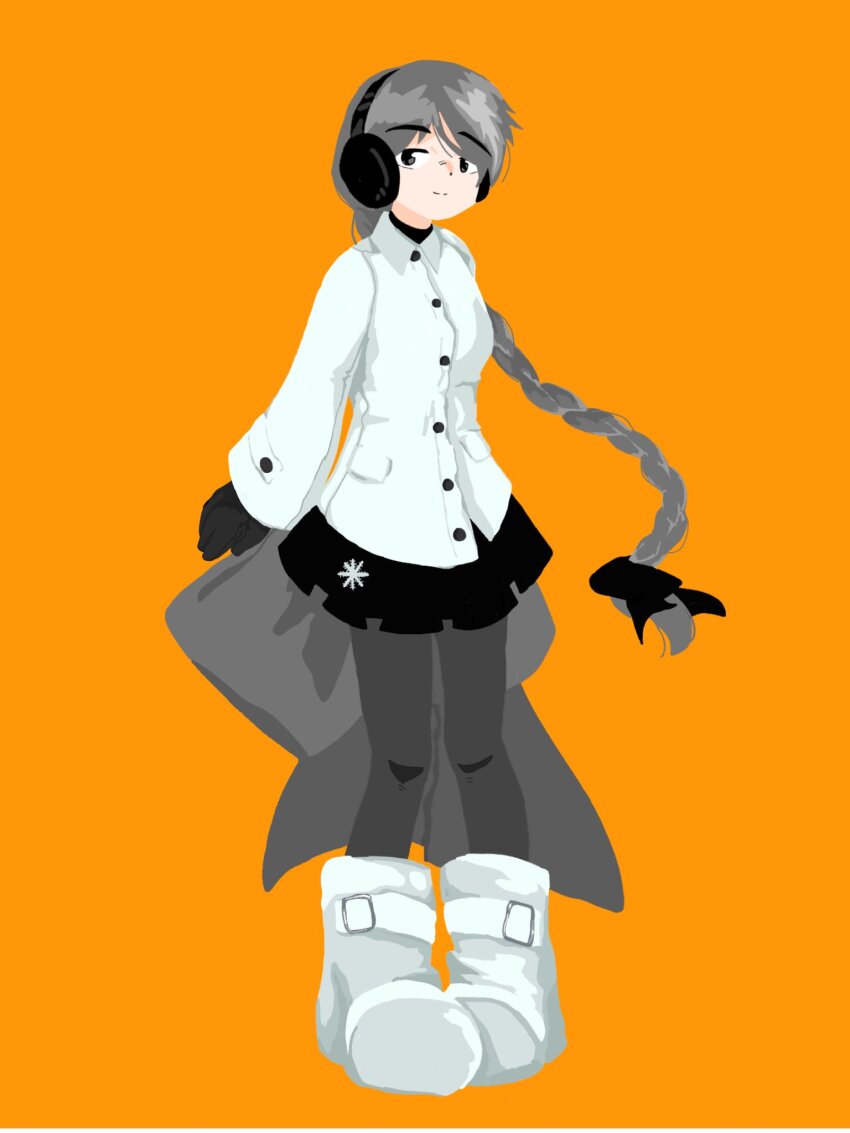 1girl arms_at_sides black_bow black_eyes black_gloves boots bow braid buttons coat collared_coat earmuffs floating_hair full_body gloves grey_hair grey_pantyhose hair_bow highres long_hair long_sleeves looking_at_viewer miniskirt nippachi_(hg_0603) no_lineart pantyhose pigeon-toed pleated_skirt pocket print_skirt sekka_yufu single_braid skirt smile snowflake_print solo split_mouth standing utau very_long_hair white_boots white_coat wing_collar