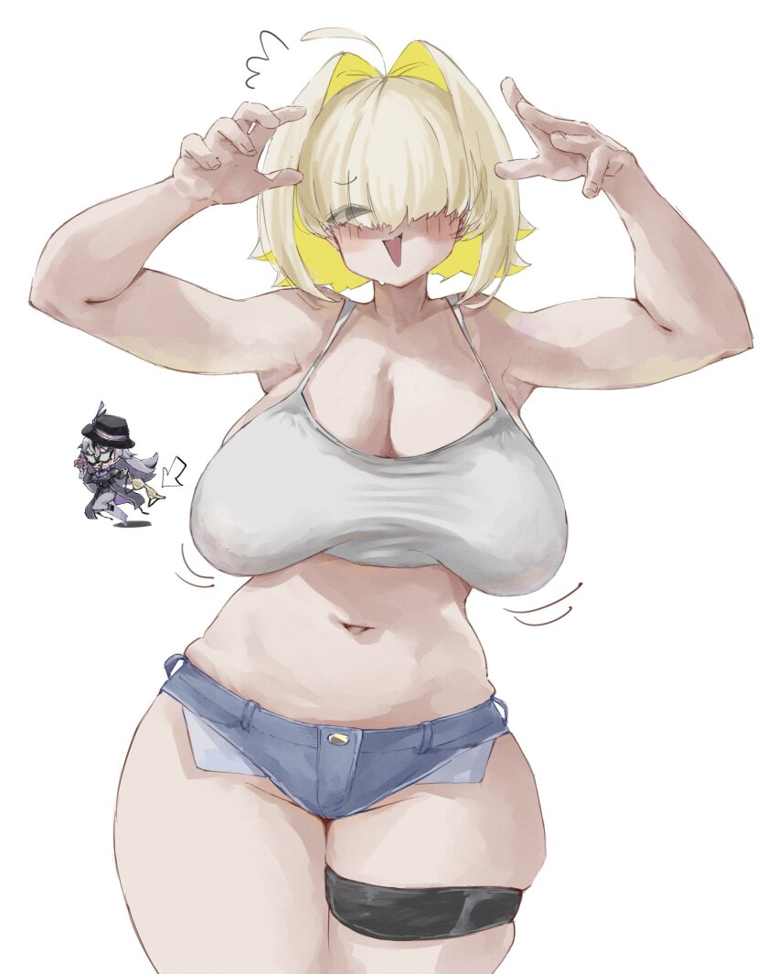 2girls ^^^ absurdres ahoge armpits arms_up black_hat blonde_hair blue_shorts blush bra breasts camisole chibi cleavage commentary cowboy_shot denim denim_shorts elegg_(nikke) english_commentary eyes_visible_through_hair goddess_of_victory:_nikke groin hair_intakes hat highres hii_(motorholic) large_breasts legs_together looking_at_viewer mixed-language_commentary motion_lines multiple_girls navel no_bra one_eye_covered open_hands open_mouth phantom_(nikke) sagging_breasts short_shorts shorts simple_background skindentation solo thigh_strap thighs triangle_mouth underwear white_background white_camisole