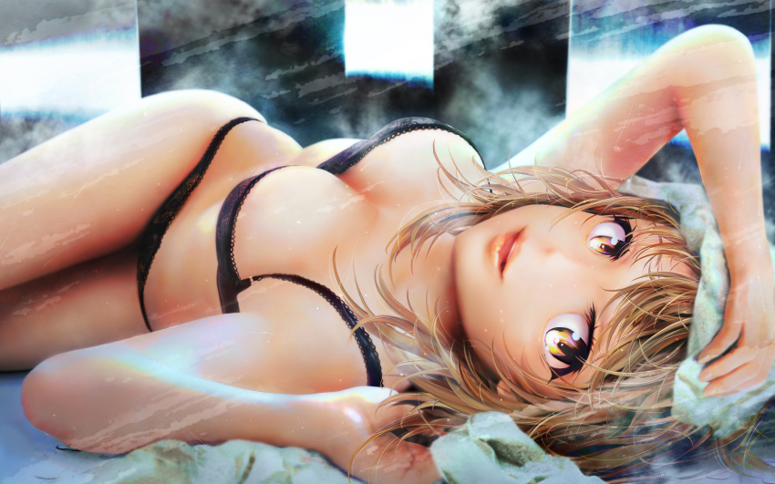 1girl absurdres arms_up black_bra black_panties bra breasts brown_eyes brown_hair cleavage grace16 highres isshiki_iroha lips looking_at_viewer lying medium_breasts medium_hair on_back open_mouth panties solo underwear underwear_only yahari_ore_no_seishun_lovecome_wa_machigatteiru.