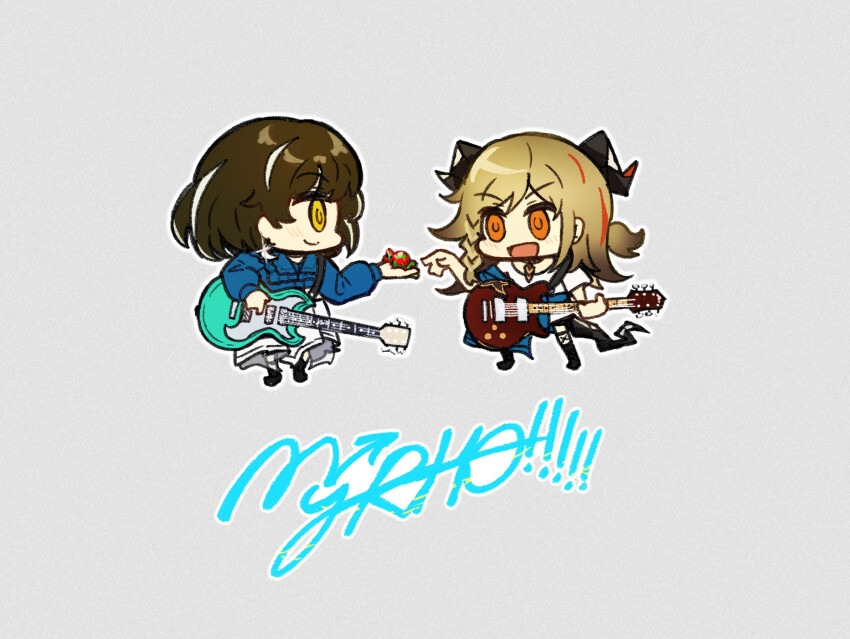 arknights bang_dream! bang_dream!_it&#039;s_mygo!!!!! candy demon_horns demon_tail earrings electric_guitar food guitar harlequin-wheels highres holding holding_candy holding_food horns ifrit_(arknights) instrument jewelry magallan_(arknights) mygo!!!!!_(bang_dream!) tail