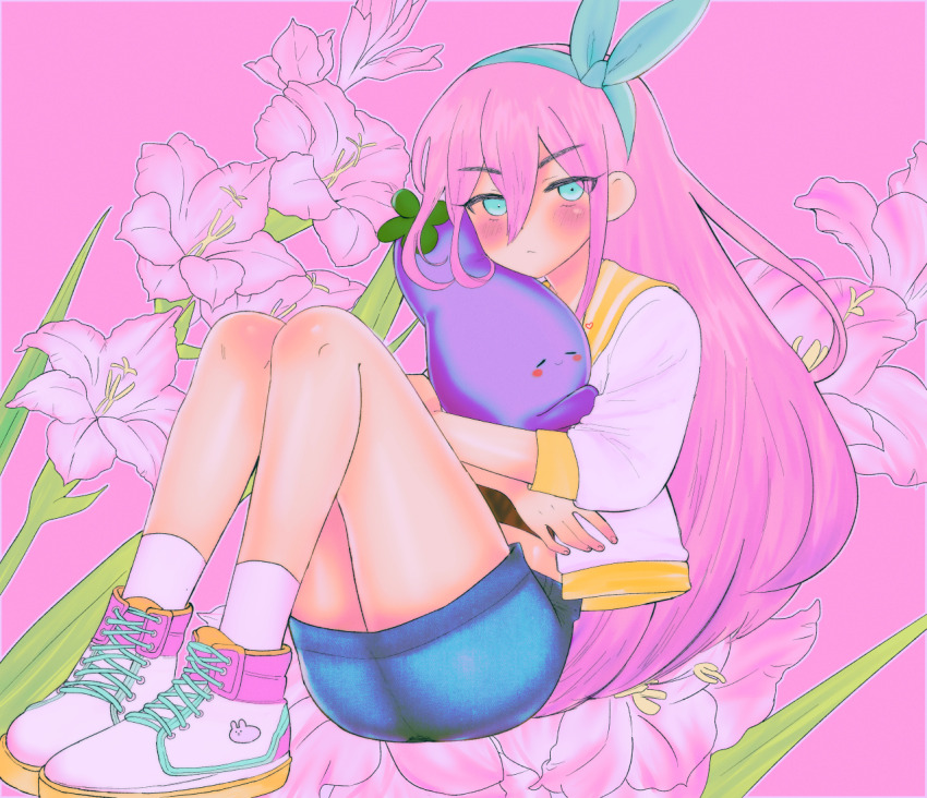 1girl :&lt; ankle_socks aqua_eyes aqua_hairband aubrey_(faraway)_(omori) aubrey_(omori) black_shirt blue_skirt bow_hairband closed_mouth commentary commentary_request dated_commentary denim denim_skirt double-parted_bangs english_commentary fingerless_gloves floral_background flower forest_bunny_(omori) full_body gladiolus gloves hair_between_eyes hairband happy_birthday holding holding_stuffed_toy hugging_object jacket knees_up long_hair midriff miniskirt mixed-language_commentary mr._plantegg_(omori) no_sclera omori open_clothes open_jacket outline pink_background pink_flower pink_hair pokoponpen sailor_collar shirt shoelaces shoes simple_background sitting skirt sneakers socks solo stuffed_eggplant stuffed_toy v-shaped_eyebrows very_long_hair white_jacket white_outline white_shoes white_socks yellow_sailor_collar