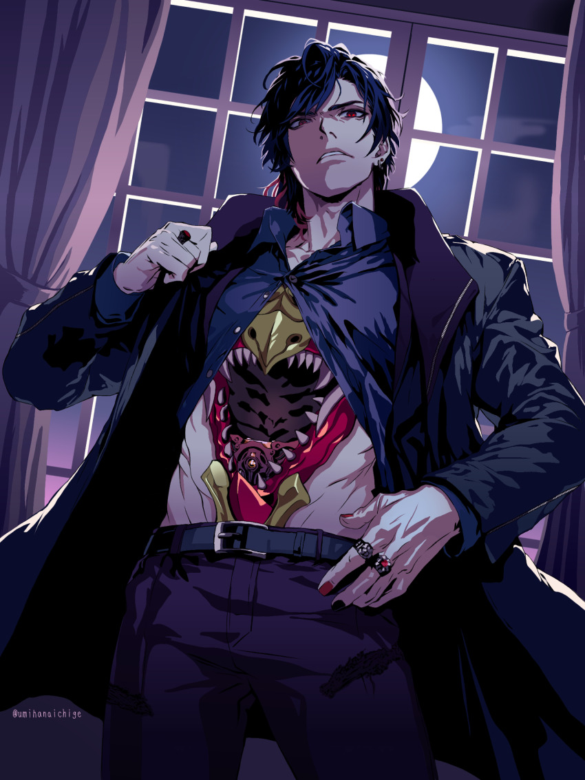 1boy artist_name belt black_belt black_hair black_jacket black_nails black_pants clenched_teeth commentary_request cowboy_shot curtains earrings extra_mouth gem gradient_hair grey_shirt highres jacket jewelry kamen_rider kamen_rider_gavv_(series) lango_stomach looking_at_viewer looking_down male_focus medium_hair monster_boy moon multicolored_hair multicolored_nails multiple_earrings multiple_rings night night_sky open_clothes open_shirt pants red_eyes red_gemstone red_hair red_nails ring sharp_teeth shirt sky solo stomach_mouth teeth tokusatsu toned toned_male twitter_username umihanaichige window