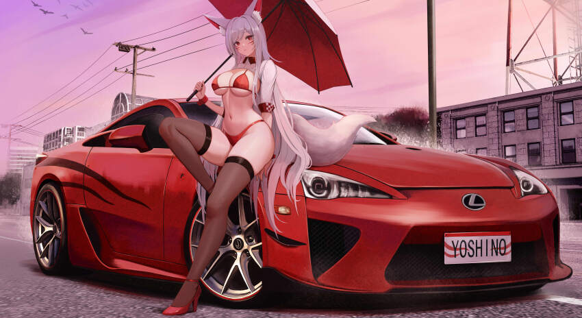 1girl absurdres animal_ear_fluff animal_ears bikini breasts brown_thighhighs car cleavage closed_mouth expressionless facial_mark fox_ears fox_girl fox_tail high_heels highres holding holding_umbrella kcar66t knee_up large_breasts lexus lexus_lfa long_hair long_sleeves looking_at_viewer motor_vehicle nail_polish navel on_car original outdoors red_bikini red_car red_eyes red_footwear red_nails shrug_(clothing) sitting_on_car sitting_on_hair skindentation sleeves_rolled_up solo sports_car stomach string_bikini swimsuit tail thighhighs thighs umbrella very_long_hair white_hair white_shrug wide_shot wing_collar wrist_cuffs