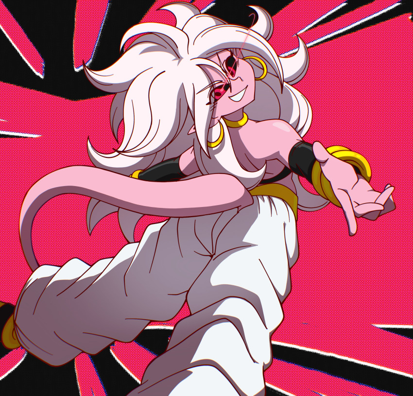 absurdres android_21 black_sclera black_tube_top choker colored_sclera colored_skin dr._gero_(dragon_ball) dragon_ball dragon_ball_fighterz dragonball_z earrings harem_pants highres hoop_earrings jewelry majin_android_21 non-web_source pants pink_skin red_ribbon_army strapless tube_top yellow_choker