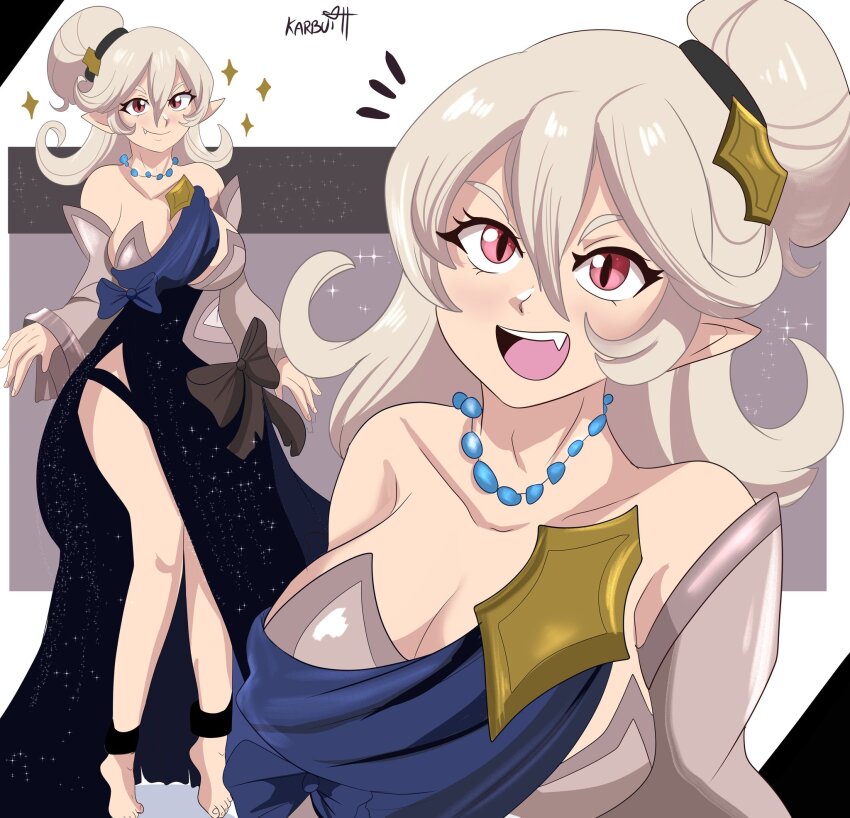 1girl barefoot blonde_hair breasts cleavage commentary female_corrin_(fire_emblem) english_commentary fang feet fire_emblem fire_emblem_fates hair_ornament hairband highres jewelry karbuitt long_hair necklace nintendo open_mouth pointy_ears red_eyes slit_pupils teeth toes