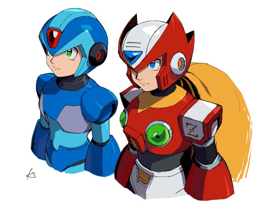 2boys android armor blonde_hair blue_armor blue_eyes blue_headwear forehead_jewel green_eyes helmet highres karen_(karenoni1031) long_hair mega_man_(series) mega_man_x_(series) multiple_boys ponytail red_armor red_headwear shoulder_armor simple_background upper_body white_background x_(mega_man) zero_(mega_man)