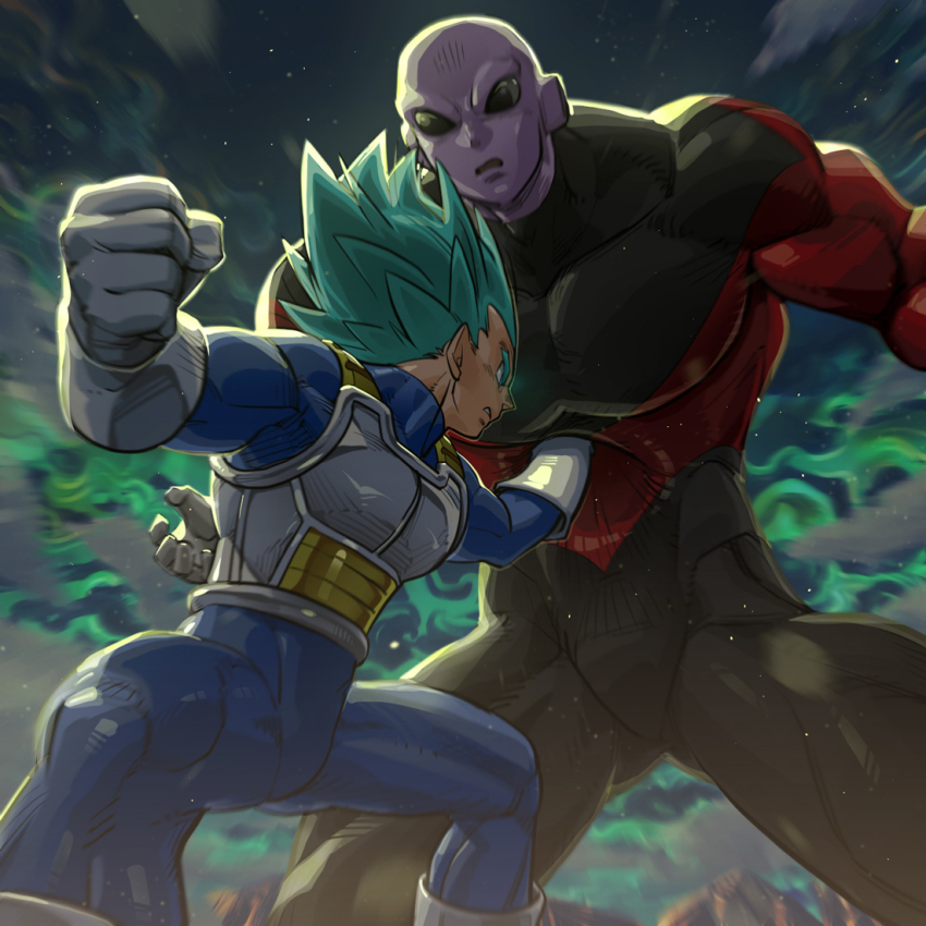 2boys bald black_eyes blue_hair clenched_hand colored_skin dragon_ball dragon_ball_super fighting gloves jiren male_focus multiple_boys muscular muscular_male open_mouth pectorals pink_skin punching saiyan_armor spandex spiked_hair super_saiyan super_saiyan_blue supobi vegeta white_gloves
