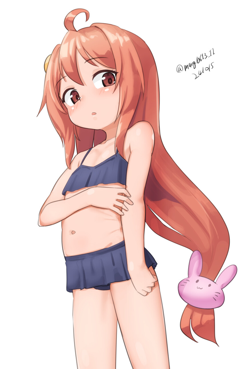 1girl absurdres ahoge alternate_color bikini bikini_skirt blue_bikini brown_eyes cosplay feet_out_of_frame flat_chest hair_ornament highres kantai_collection kasumi_(kancolle) kasumi_(kancolle)_(cosplay) kasumi_kai_ni_(kancolle) kasumi_kai_ni_(kancolle)_(cosplay) kasumi_kai_ni_(swimsuit)_(kancolle) long_hair low-tied_long_hair maru_(marg0613) navel one-hour_drawing_challenge orange_hair rabbit_hair_ornament simple_background solo swimsuit uzuki_(kancolle) white_background