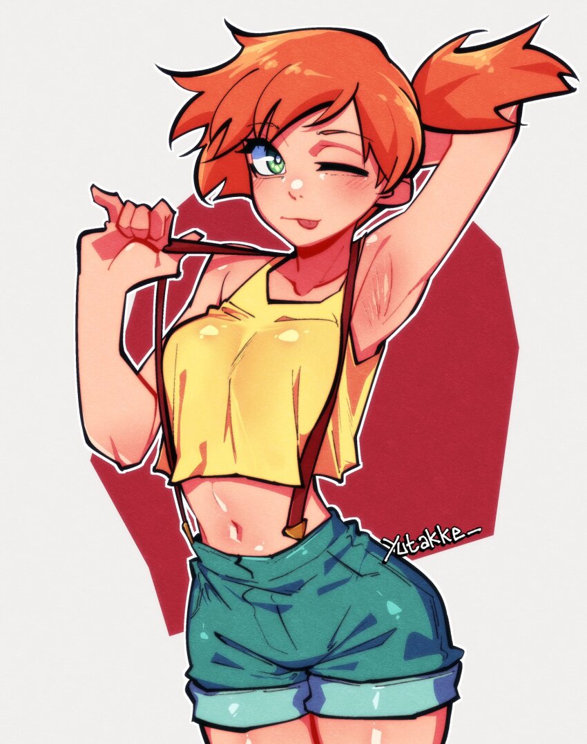 1girl adapted_costume armpits asymmetrical_hair bare_legs breasts cowboy_shot creatures_(company) denim denim_shorts eyelashes female_focus game_freak gen_1_pokemon green_eyes gym_leader hair_tie highres legs medium_breasts misty_(pokemon) navel nintendo orange_hair pokemon pokemon_(anime) pokemon_(classic_anime) ponytail shirt short_hair short_shorts shorts side_ponytail solo suspenders thighs yellow_shirt yutakke