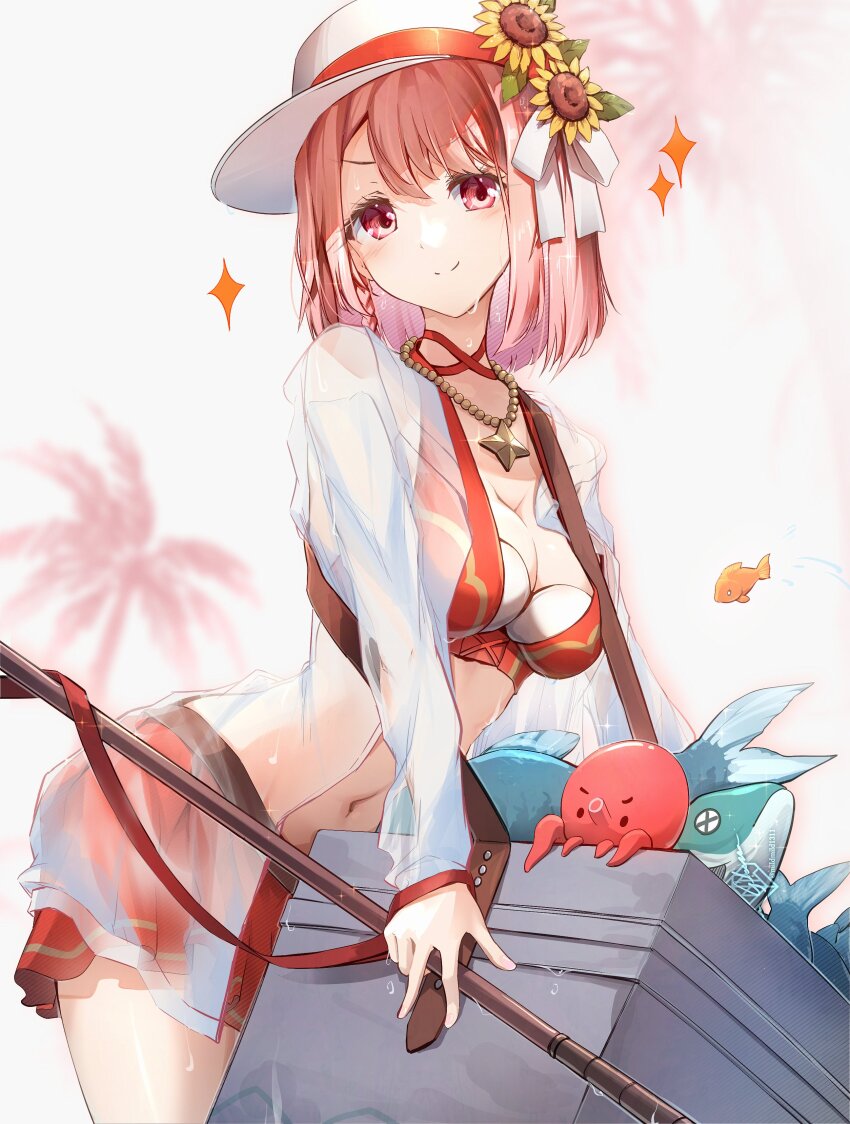 1girl absurdres bikini blush breasts clear_glass_(mildmild1311) cleavage closed_mouth cooler fire_emblem fire_emblem_engage fire_emblem_heroes fish flat_cap flower harpoon hat highres holding holding_harpoon jacket jewelry lapis_(fire_emblem) lapis_(forager_of_the_sea)_(fire_emblem) medium_breasts multicolored_bikini navel necklace nintendo octopus official_alternate_costume pink_eyes pink_hair red_bikini see-through_clothes see-through_jacket short_hair smile solo stomach sunflower swimsuit tackle_box thighs two-tone_hat wet white_hat white_jacket