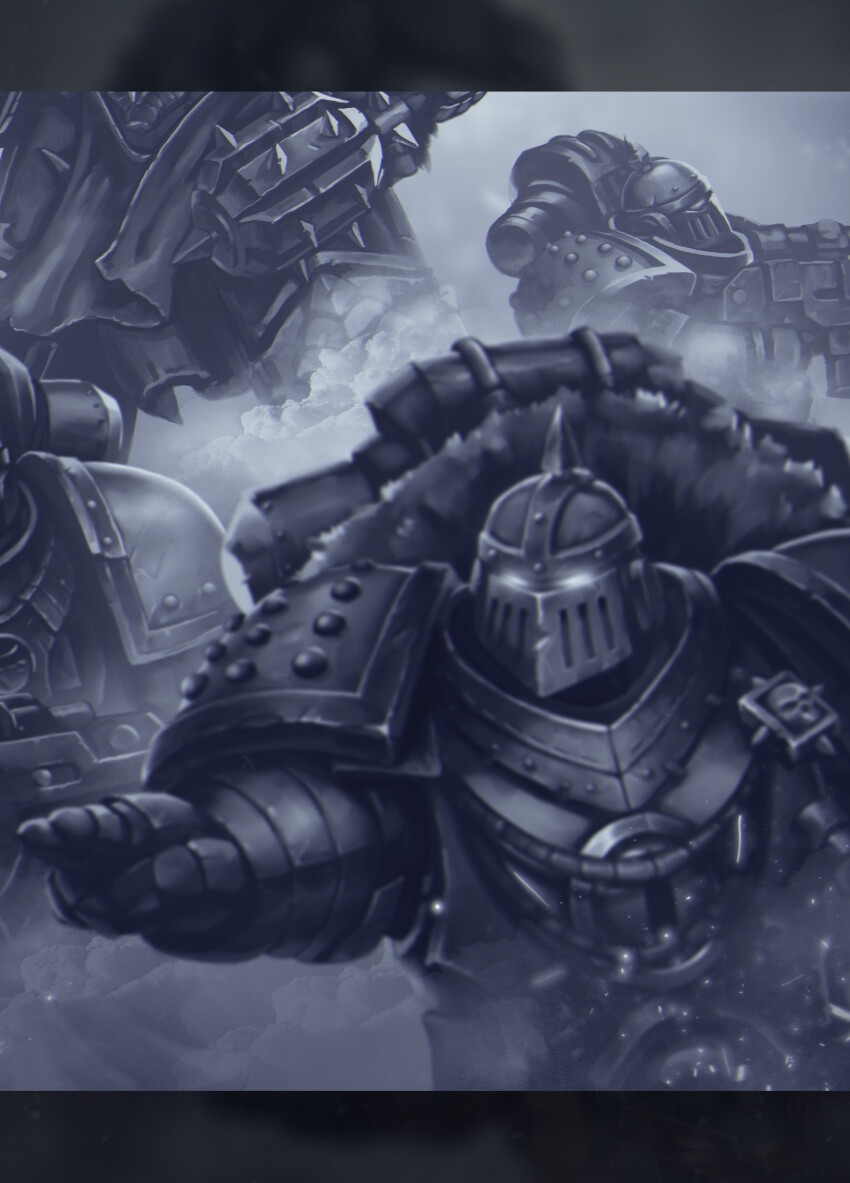 4boys adeptus_astartes armor black_legion bolter breastplate commentary couter cuirass english_commentary eyes_of_horus_(warhammer_40k) gauntlets glowing glowing_eyes grey_armor greyscale grohgrog gun highres holding holding_bolter holding_gun holding_mace holding_weapon horus_lupercal leg_armor mace male_focus monochrome multiple_boys out_of_frame outdoors pauldrons pelvic_curtain poleyn power_armor primarch rerebrace shoulder_armor size_difference solo_focus spiked_helmet spiked_mace spikes standing studded_armor warhammer_40k weapon