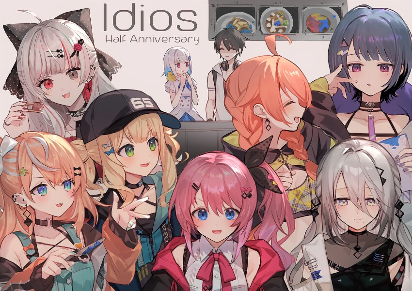 1boy 6+girls absurdres baseball_cap black_hair blonde_hair blue_eyes blue_hair bow braid choker chopsticks earrings food green_eyes grey_hair hair_between_eyes hair_bow hair_ornament hairpin hat headphones headphones_around_neck heterochromia highres holding holding_chopsticks holding_food holding_knife hood idios igarashi_rika igarashi_rika_(1st_costume) ishigami_nozomi ishigami_nozomi_(1st_costume) iv_4t jacket jewelry kaburaki_roco kaburaki_roco_(1st_costume) knife koshimizu_toru koshimizu_toru_(1st_costume) kuramochi_meruto kuramochi_meruto_(1st_costume) lize_helesta long_hair low_twin_braids multicolored_eyes multicolored_hair multiple_girls nail_polish nijisanji orange_hair pink_hair red_eyes red_shirt ring shirt shishido_akari shishido_akari_(1st_costume) short_hair side_ponytail sleeveless sophia_valentine sophia_valentine_(1st_costume) spiked_choker spikes sweatdrop twin_braids virtual_youtuber w white_hair yumeoi_kakeru yumeoi_kakeru_(1st_costume)
