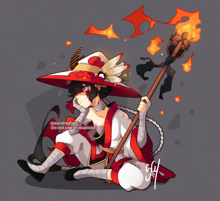 1boy bandaged_ankle bandaged_arm bandaged_hand bandages black_hair braid feathers fire fire_staff full_body grey_background hand_on_own_face hat highres holding holding_staff looking_to_the_side multicolored_hair original red_eyes red_hair red_hat robe sandragh signature single_braid sitting staff two-tone_hair two-tone_hat two-tone_robe watermark white_hat white_robe wizard wizard_hat