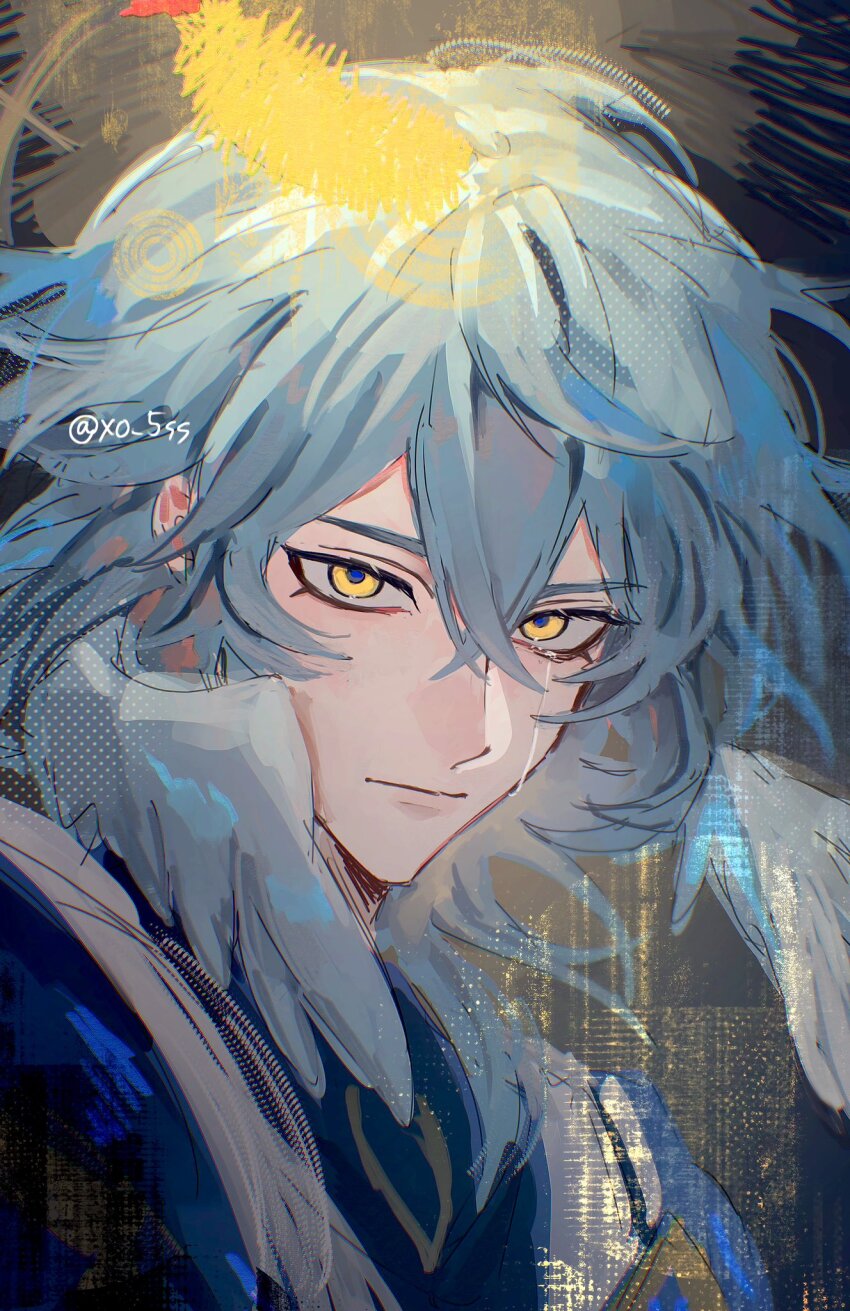 1boy blue_hair closed_mouth commentary_request double-parted_bangs feathered_wings feathers hair_between_eyes head_wings highres honkai:_star_rail honkai_(series) looking_at_viewer lower_eyelashes_only male_focus portrait sanpaku solo sunday_(honkai:_star_rail) twitter_username upper_body wings xo_5ss yellow_eyes