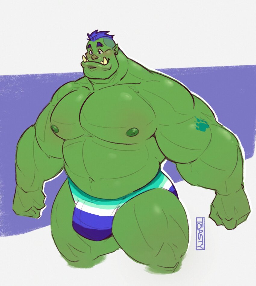 1boy abs aqua_male_swimwear bara bear_pride_flag bulge colored_skin contemporary cropped_legs gay_male_pride_flag green_skin highres huge_pectorals large_bulge looking_ahead male_focus male_swimwear multicolored_male_swimwear muscular muscular_male navel nipples orc original paw_print_tattoo pointy_ears print_male_swimwear purple_hair purple_male_swimwear short_hair solo standing stomach strongman_waist swim_briefs tareme thick_thighs thighs toasty_buns topless_male tusks undercut white_male_swimwear