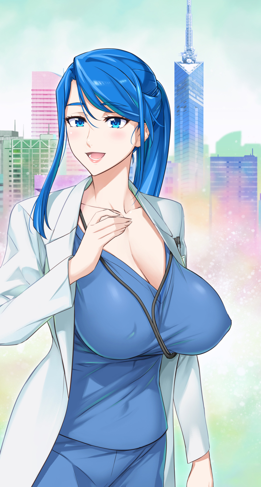 1girl blue_eyes blue_hair blue_pants blue_shirt breasts building cleavage covered_erect_nipples doctor hair_between_eyes highres huge_breasts jacket lab_coat large_breasts light_blush lips long_hair long_sleeves mature_female minazuki_karen open_clothes open_jacket open_mouth pants ponytail precure sagging_breasts satou_shouji shirt smile solo upper_body white_jacket yes!_precure_5