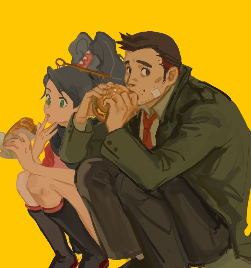 1boy 1girl ace_attorney ace_attorney_investigations black_hair bread brown_eyes brown_hair coat dick_gumshoe eating food formal_clothes green_eyes hair_ornament highres kay_faraday licking_finger long_hair mimulishizi on_ground pencil pencil_behind_ear simple_background yellow_background