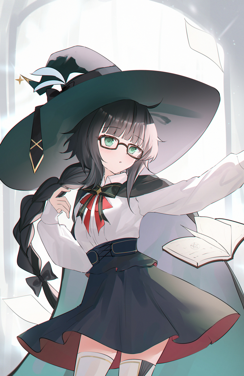 1girl absurdres black_hair black_skirt blunt_bangs commentary commission cowboy_shot english_commentary flying_paper green_eyes hat highres long_braid long_hair long_sleeves original paper parted_lips shirt skirt solo standing thighhighs usagi_(786113654) white_shirt white_thighhighs witch_hat