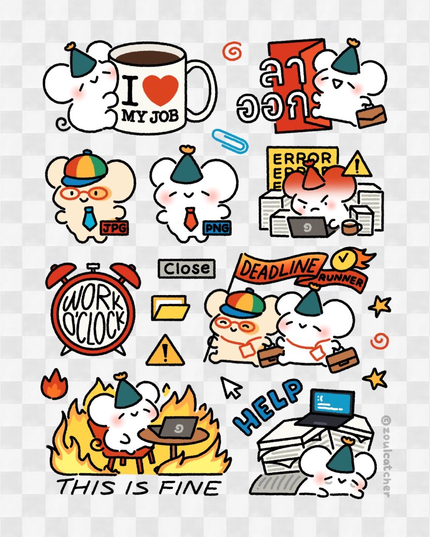 alarm_clock angry animal_ears animal_focus bags_under_eyes blue_hat blue_necktie blue_screen_of_death briefcase clock closed_eyes closed_mouth coffee commentary computer cup english_commentary english_text fire flat_color folder glasses hat highres holding holding_briefcase laptop meme mouse_(animal) mouse_ears mug multiple_views necktie no_humans original paper_stack paperclip party_hat red-framed_eyewear red_necktie round_eyewear sign smile this_is_fine_(meme) transparent_background walking warning_sign zoulcatcher