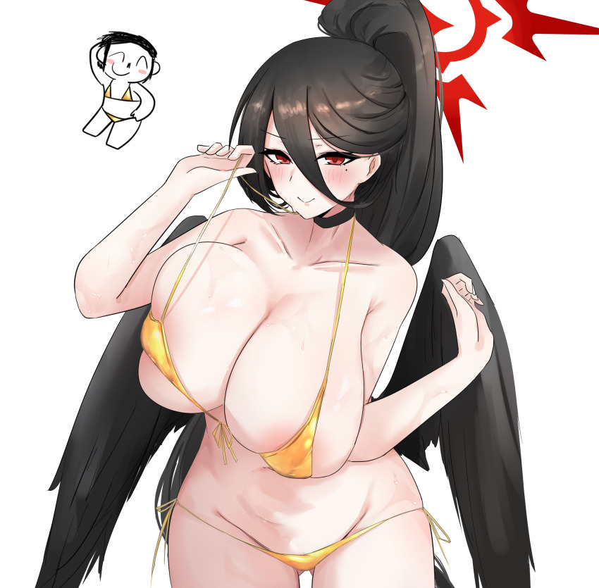 1boy 1girl alternate_costume bikini black_choker black_wings blue_archive breasts cheng_anderson choker doodle_sensei_(blue_archive) feathered_wings front-tie_bikini_top front-tie_top gold_bikini halo hasumi_(blue_archive) highres large_breasts low_wings micro_bikini mole mole_under_eye navel oversized_wings ponytail red_eyes red_halo sensei_(blue_archive) side-tie_bikini_bottom string_bikini swimsuit white_background wings