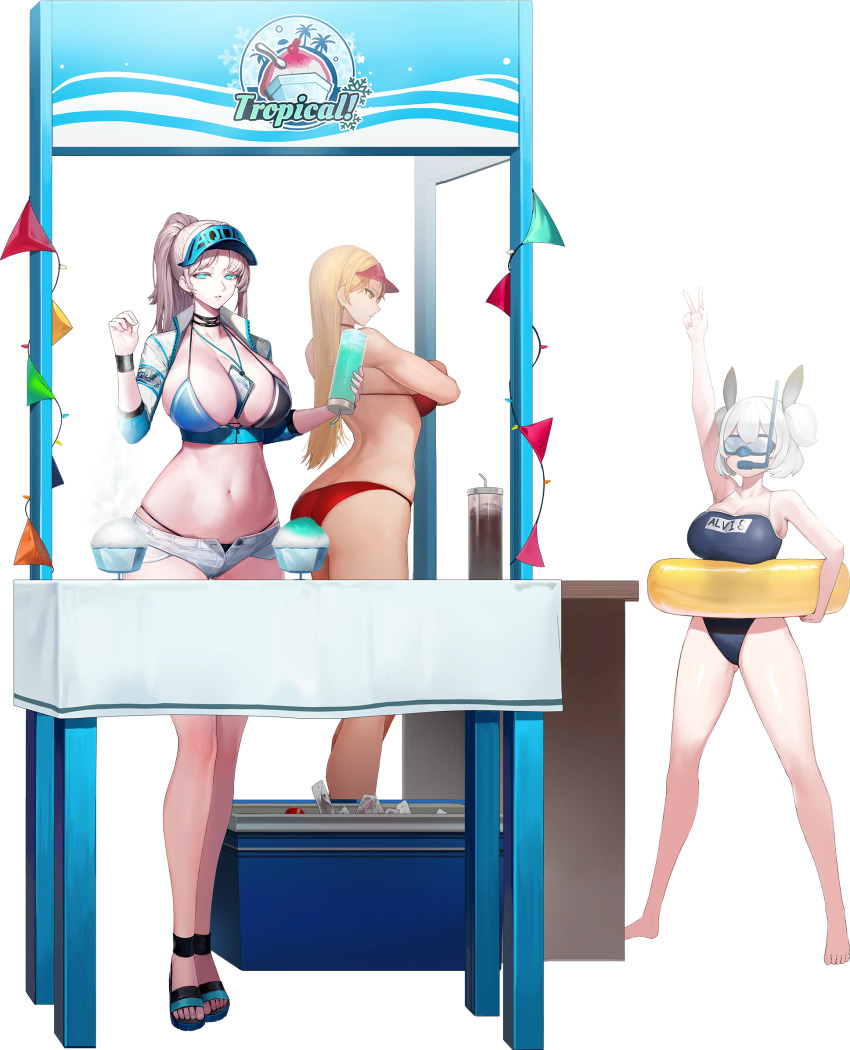 3girls alvis_(last_origin) arm_up between_breasts bikini blonde_hair blue_eyes breasts card card_between_breasts cup diving_mask goggles highres innertube jam_(nandade) lanyard large_breasts last_origin long_hair micro_shorts mnemosyne_(last_origin) multiple_girls navel official_art open_clothes open_vest queen_of_mane red_bikini sandals school_swimsuit shorts slushie snorkel swim_ring swimsuit transparent_background vest visor_cap white_hair yellow_eyes