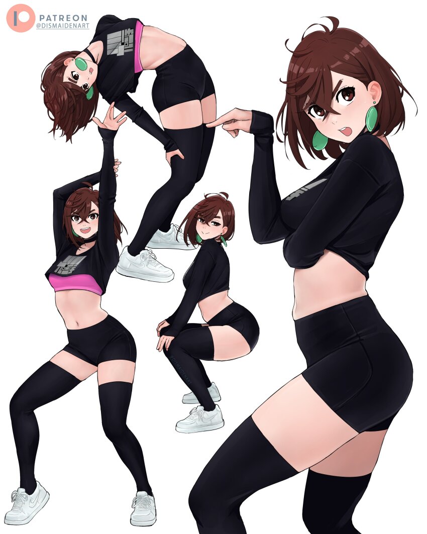 1girl alternate_costume ass_shake ayase_momo brown_eyes brown_hair choker crop_top dandadan dismaidenart earrings jewelry shoes shorts thighhighs twerking