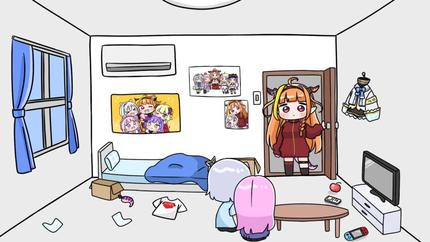 3girls amane_kanata asymmetrical_legwear bed black_socks black_thighhighs blonde_hair blush_stickers chibi closed_mouth commentary_request curtains dragon_girl dragon_horns dragon_tail flat_screen_tv grey_hair hameru-type_asacoco highres himemori_luna hololive horns jacket kiryu_coco kiryu_coco_(loungewear) long_hair long_sleeves minato_aqua mochimiko multicolored_hair multiple_girls nintendo_switch open_door orange_hair pillow pink_hair puffy_long_sleeves puffy_sleeves red_eyes red_jacket sitting socks standing streaked_hair table tail television thighhighs tokoyami_towa track_jacket tsunomaki_watame very_long_hair virtual_youtuber window