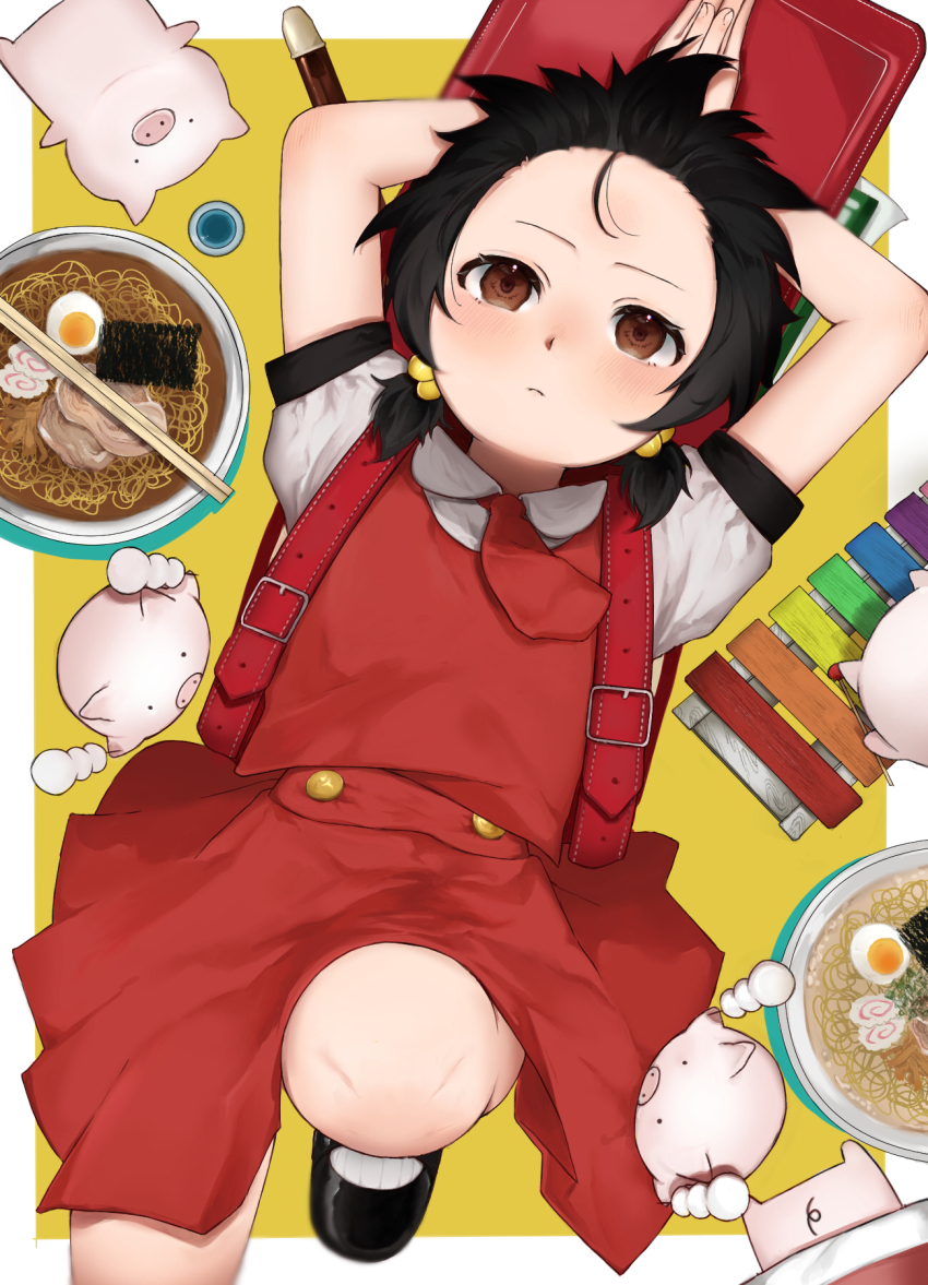1girl ascot backpack bag black_footwear black_hair black_trim brown_eyes buta_thunder_(vocaloid) child closed_mouth commentary dango dress expressionless flute food forehead hair_bobbles hair_ornament highres instrument kaai_yuki lying paper pig pinafore_dress randoseru recorder red_ascot red_bag red_dress shirt short_twintails sleeveless sleeveless_dress socks solo soup twintails vocaloid wagashi white_shirt white_socks xylophone yukisaka_zero