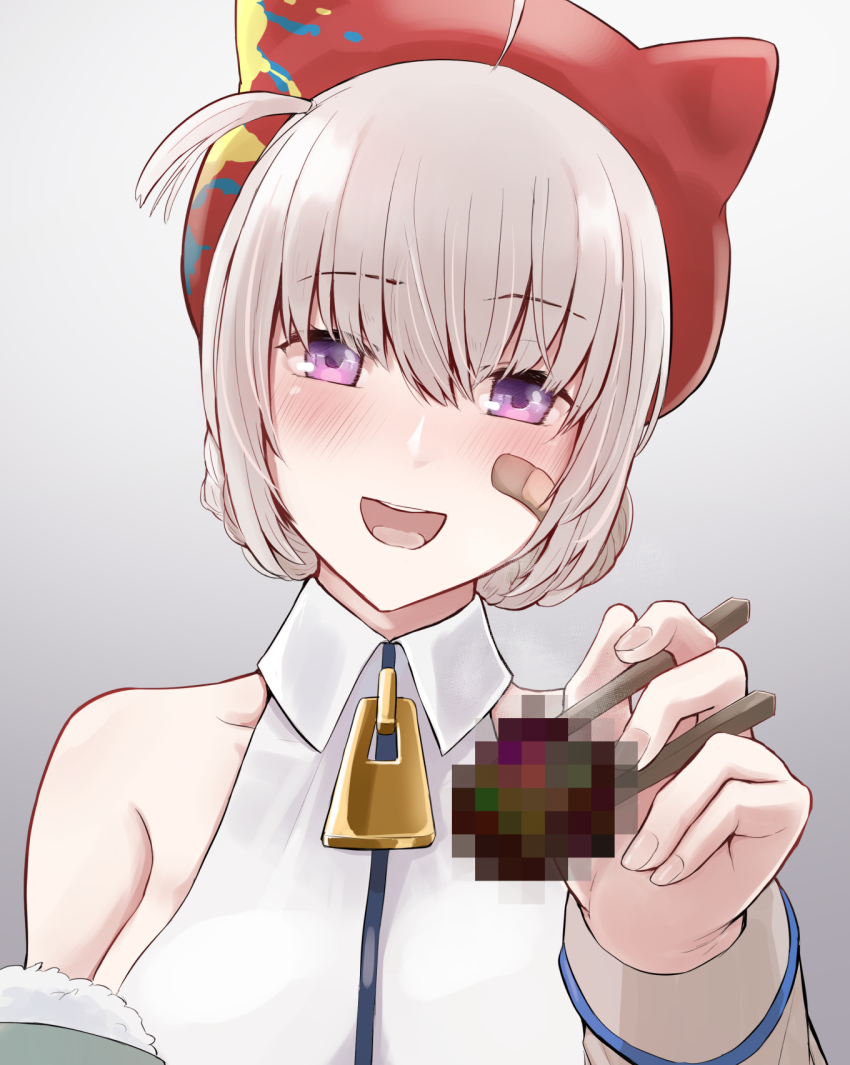 1girl animal_ear_headwear animal_ears aogiri_koukou bandaid bandaid_on_cheek bandaid_on_face bare_shoulders blush braid censored censored_food chopsticks collared_shirt covered_collarbone fake_animal_ears french_braid gradient_background grey_background happy highres holding holding_chopsticks incoming_food looking_at_viewer ooshiro_mashiro open_mouth ponytail purple_eyes red_headwear shirt short_hair short_ponytail side_ponytail simple_background sleeveless sleeveless_shirt solo upper_body virtual_youtuber white_hair white_shirt yilan_un