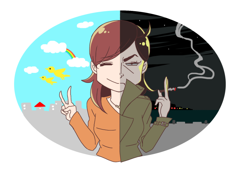 1girl artist_request bird cigarette cloud coat day frown highres higuchi_(trigger) house night official_art promotional_art rainbow simple_background smile star_(symbol) trigger_(company)