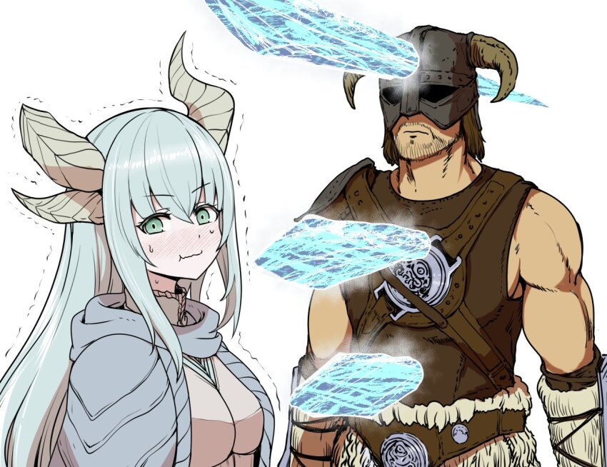 1boy 1girl aqua_eyes armor blush breasts broken_horn brown_hair chipped_horns cleavage dovahkiin dragon_horns exposed_muscle facial_hair facing_away fake_horns fur-trimmed_armor fur_trim goatee hair_between_eyes helmet horned_headwear horned_helmet horns ice ice_crystal impaled leather leather_armor leather_belt leather_strap metal_plate multiple_horns muscular muscular_male obscured_eyes okamura_(okamura086) paarthurnax personification shoulder_armor sidelocks sleeveless sweat the_elder_scrolls the_elder_scrolls_v:_skyrim twitching_penis vambraces wavy_mouth white_background white_hair
