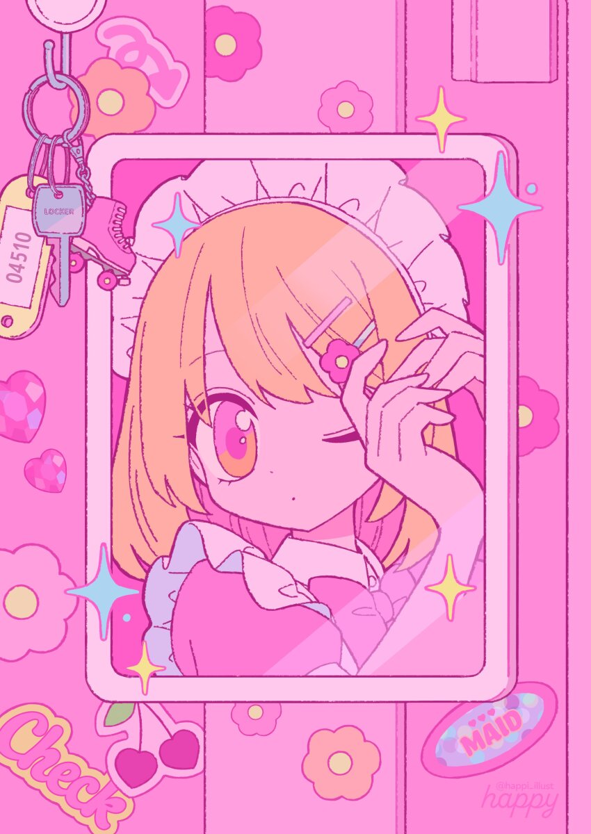 1girl absurdres arms_up blonde_hair bow carabiner closed_mouth dot_mouth flower_hairpin hair_between_eyes hair_ornament hairclip happy_(happi_illust) highres looking_at_mirror looking_at_viewer maid_headdress medium_hair mirror one_eye_closed original pink_bow pink_eyes portrait short_sleeves solo