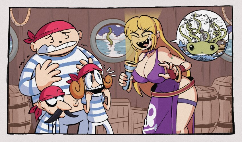 &gt;:) 2boys 2girls arm_tattoo bandana barrel belt blonde_hair bracelet breasts cleavage crate dress evil_smile fatal_fury fingerless_gloves flashlight garou:_mark_of_the_wolves giant_squid gloves highres holding holding_flashlight b._jenet jewelry kevin_arthur large_breasts long_hair multiple_boys multiple_girls open_mouth pirate pirate_ship porthole purple_dress scared sharp_teeth ship shirt smile snk spoken_animal squid storage_room striped_clothes striped_shirt tattoo teeth tentacles the_king_of_fighters thigh_strap watercraft