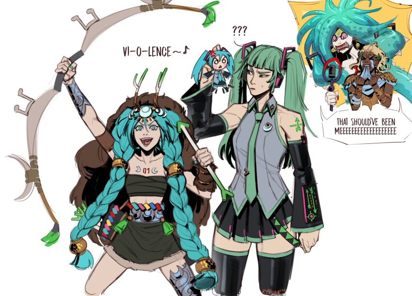 1boy 3girls ? ?? ancient_greek_clothes anger_vein apollo_(hades) aqua_eyes aqua_hair armor arrow_(projectile) artemis_(hades) artemis_(hades)_(cosplay) blonde_hair bow_(weapon) braid chibi colored_sclera cosplay costume_switch crossover dark_skin detached_sleeves english_text grace_kim_(ryuuna) greco-roman_clothes green_eyes green_hair hachune_miku hades_(series) hades_2 handkerchief_biting hatsune_miku hatsune_miku_(cosplay) headphones highres laurel_crown microphone multiple_girls open_mouth pleated_skirt red_sclera scylla_(hades) sharp_teeth skirt smile spring_onion tears teeth tentacle_hair thighhighs twin_braids twintails vocaloid weapon
