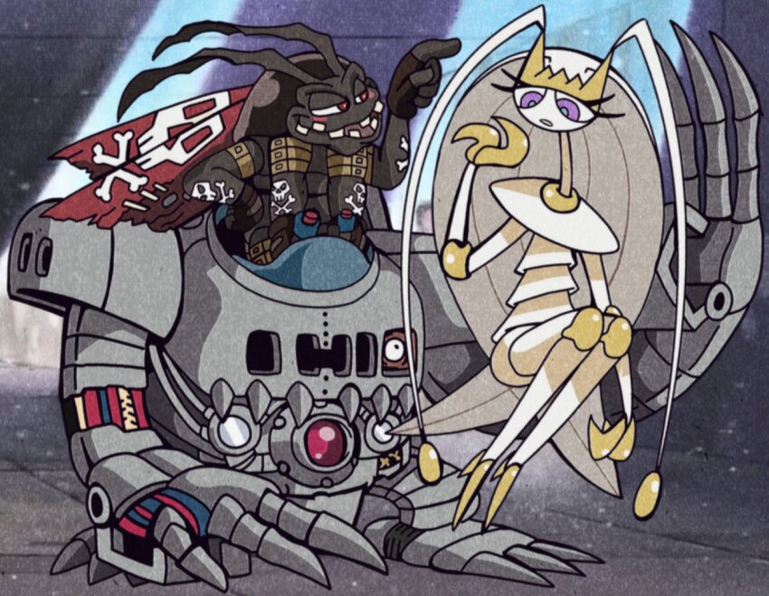 belt claws couple digimon digimon_(creature) gen_7_pokemon gokimon looking_at_another mechanorimon mr.whatshisname nintendo pheromosa pokemon pokemon_(creature) red_eyes robot smile ultra_beast wings