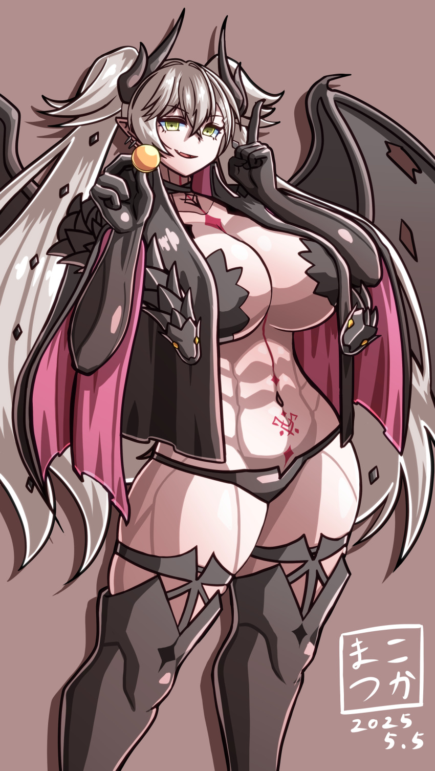 1girl abs absurdres black_cloak black_hands body_markings breasts cleavage cloak colored_extremities demon_girl demon_horns demon_wings fate/grand_order fate_(series) green_eyes grey_hair highres horns index_finger_raised lilith_(fate) long_hair looking_at_viewer makotsuka navel open_mouth pointy_ears smile solo stomach_tattoo tattoo thick_thighs thighs toned twintails very_long_hair wings