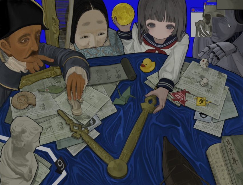2boys 2girls android black_eyes black_hair blue_background boat book bust_(sculpture) chess_piece clock_hands commentary_request dice expressionless facial_hair grey_hair highres hikimayu holding_moon knight_(chess) long_hair long_sleeves mask multiple_boys multiple_girls mustache neckerchief newspaper noh_mask origami original paper_crane red_neckerchief robot rubber_duck school_uniform scroll serafuku shirt simple_background skeleton snail_shell syake_(cunsha14805) table watercraft white_shirt window_(computing)