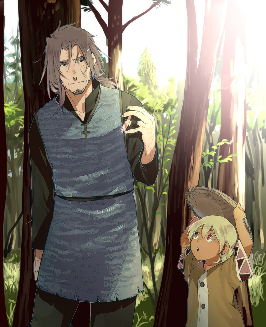 1boy 1girl armor arms_up bamboo bamboo_forest beard_stubble black_hair black_pants black_shirt blonde_hair blue_tunic brown_hair brown_shirt chainmail child dappled_sunlight dress_shirt facial_hair facing_another facing_viewer forest grass grey_eyes gurast hand_up hands_up hat highres holding holding_unworn_clothes holding_unworn_hat leaf light_particles looking_at_another looking_up mature_male missing_finger nature open_hand open_mouth original outdoors oversized_clothes oversized_shirt pants ponytail popped_collar red_eyes scar scar_on_face shirt sideburns straw_hat stubble sunlight sweatdrop tan torn_clothes torn_shirt tree tunic unworn_hat unworn_headwear
