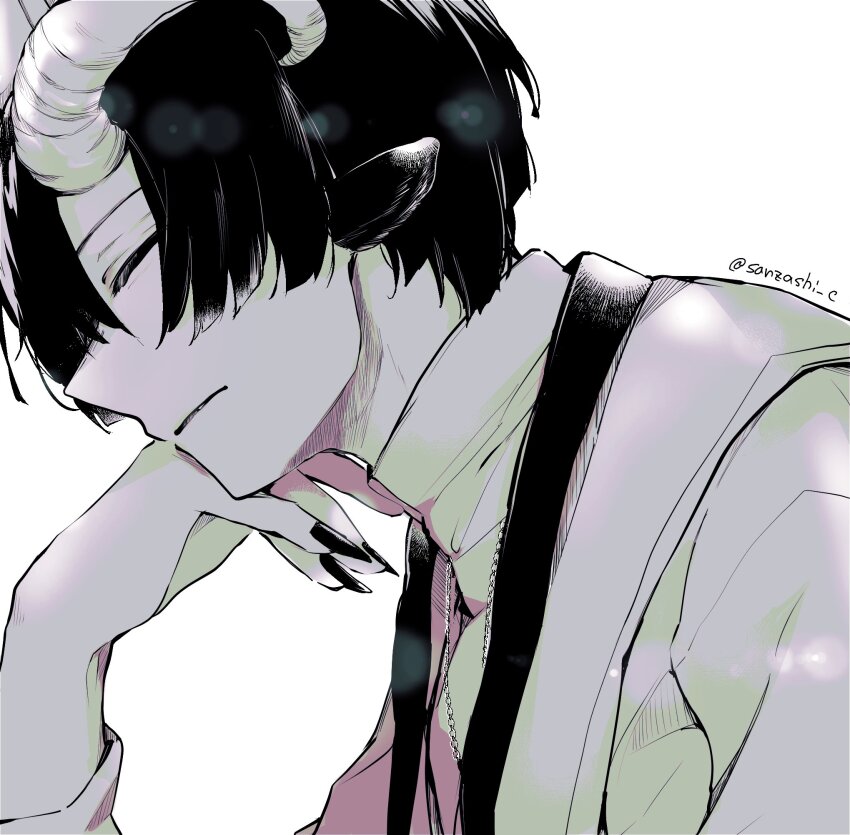 1boy black_nails commentary_request demon_cleric hand_on_own_face hat highres horns male_focus maou-jou_de_oyasumi short_hair simple_background sleeping solo upper_body white_background yostuba0704