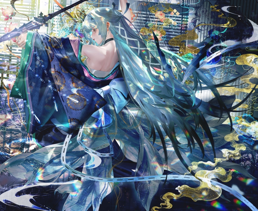 1girl absurdres black_choker blue_bow blue_hair bow chinese_commentary choker commentary_request fate/grand_order fate_(series) half_updo highres jin_sumire long_hair melusine_(fate) open_mouth polearm solo spear very_long_hair weapon yellow_eyes
