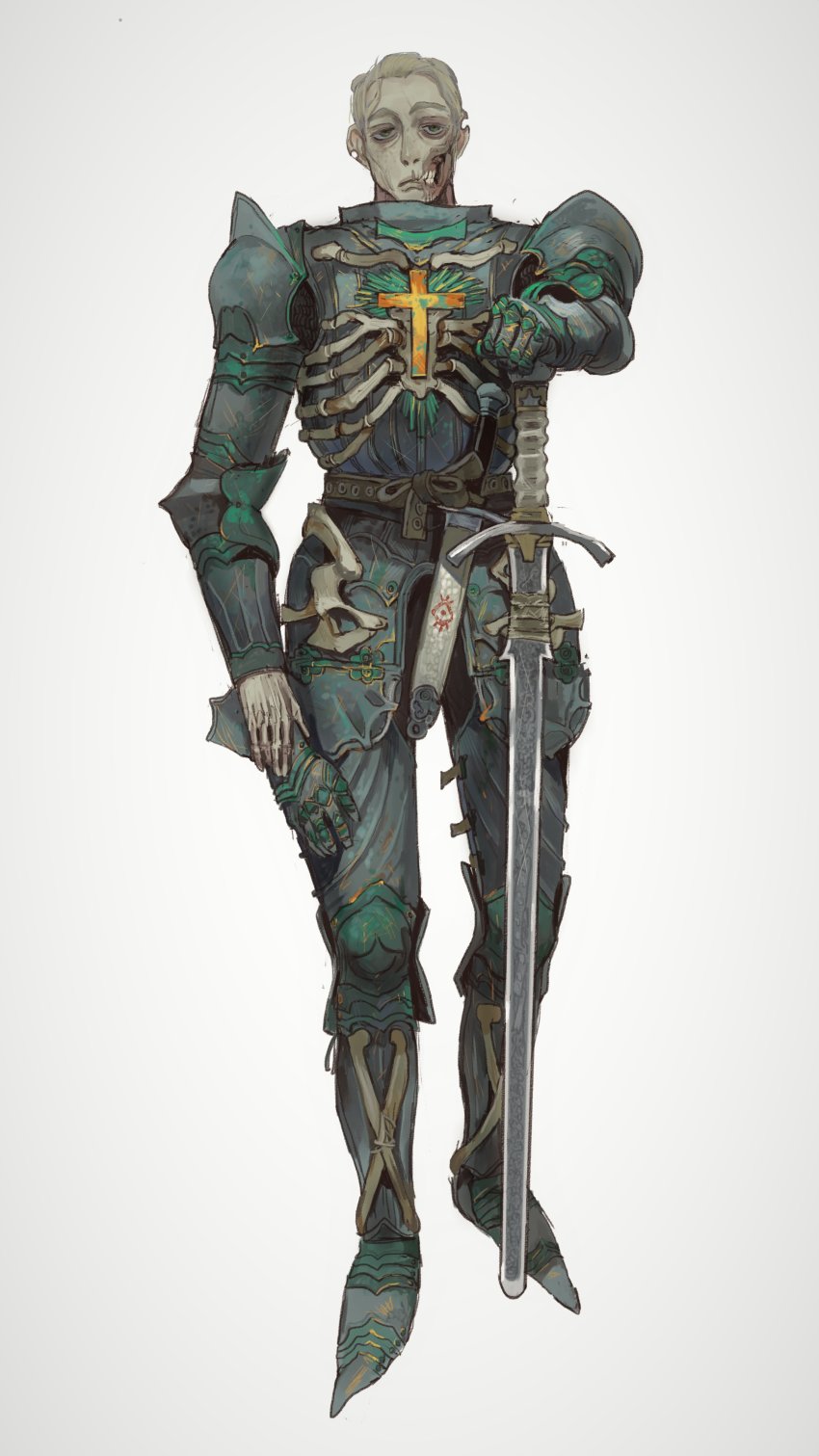 1boy absurdres armor blonde_hair boots breastplate closed_mouth cross dark_knight gauntlets glasgow_smile greaves green_eyes highres holding holding_sword holding_weapon knight latin_cross looking_at_viewer male_focus armored_boots mossacannibalis notched_ear original pauldrons short_hair shoulder_armor simple_background solo standing sword weapon white_background