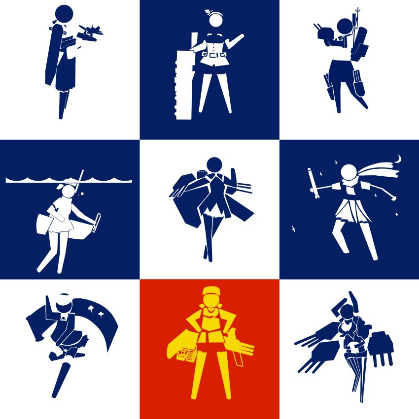 6+girls absurdres aircraft blue_background commentary english_text fubuki_(kancolle) gambier_bay_(kancolle) highres holding holding_turret iowa_(kancolle) kantai_collection kasuga_maru_(kancolle) monochrome multiple_girls olympics olympics_pictogram_parody parody red_background ryuujou_(kancolle) scarf school_uniform sendai_(kancolle) sendai_kai_ni_(kancolle) serafuku sheffield_(kancolle) ship_turret snorkel taiyou_(kancolle) tashkent_(kancolle) timmyyen turret typo u-511_(kancolle) underwater white_background