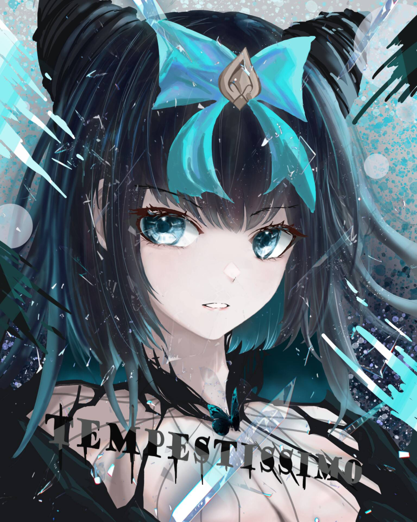 1girl :o arcaea bare_shoulders betacircleheart black_dress black_hair blue_eyes blunt_bangs bow breasts butterfly_hair_ornament cleavage_cutout clothing_cutout collarbone dress earrings hair_bow hair_ornament highres jewelry long_hair medium_breasts portrait solo tairitsu_(arcaea) tairitsu_(tempest)_(arcaea)