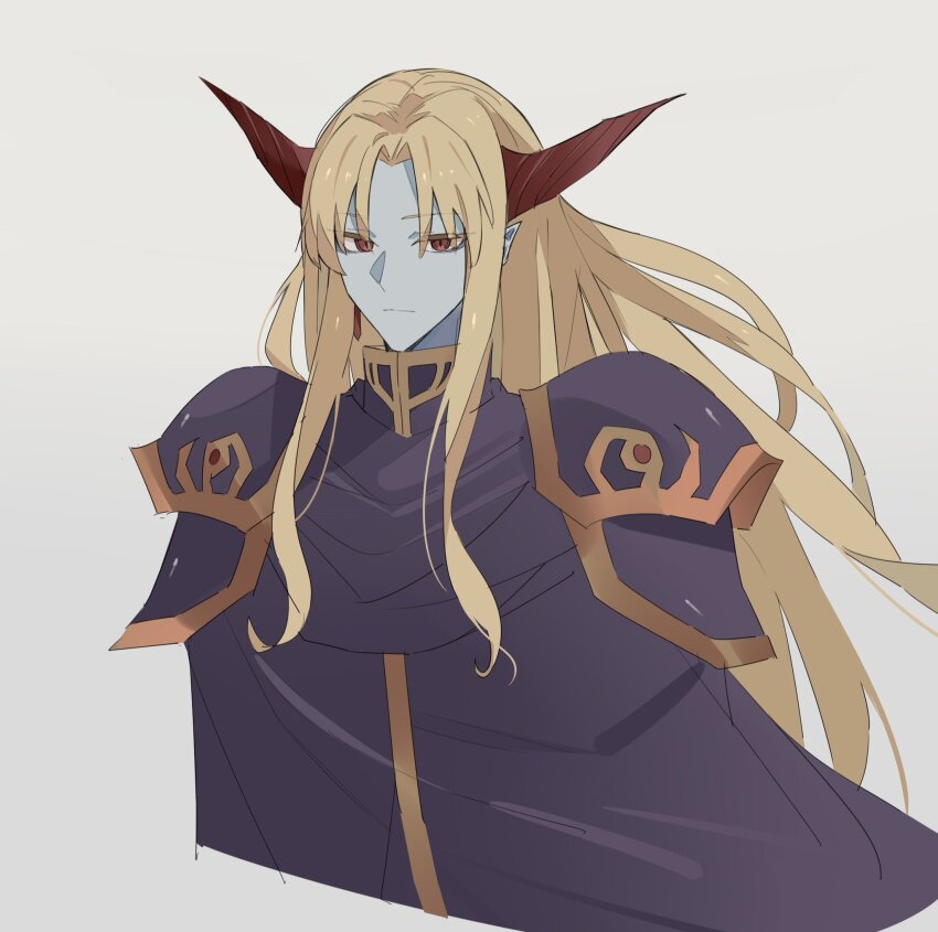 1boy ancient_ys_vanished armor blonde_hair closed_mouth colored_skin cropped_torso dark_fact george_man grey_background grey_skin highres horns long_hair looking_at_viewer male_focus parted_bangs pointy_ears red_eyes red_horns shoulder_armor simple_background slit_pupils very_long_hair ys