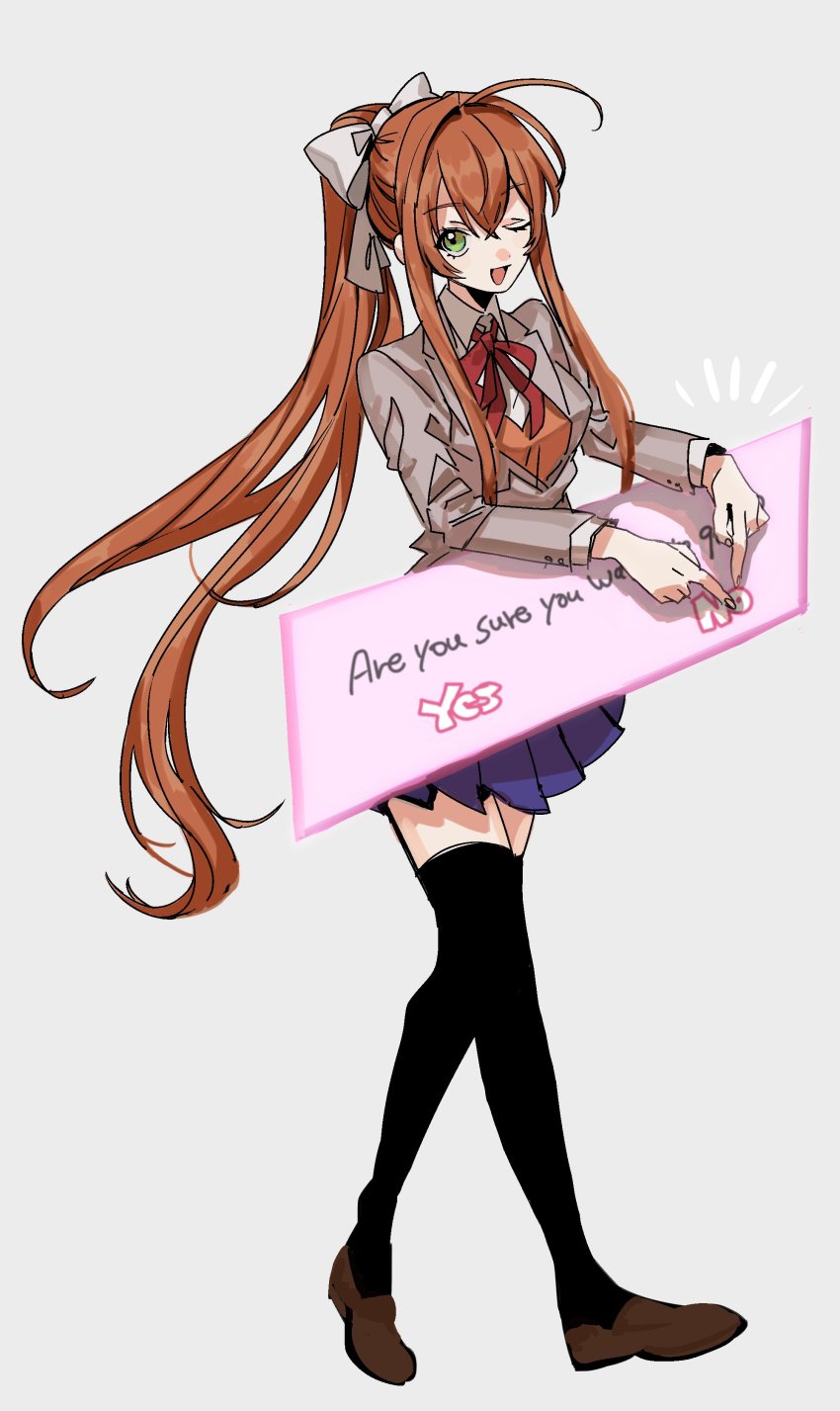 1girl ;d absurdres ahoge black_thighhighs blue_skirt breasts brown_hair brown_shoes cardigan collared_shirt dialogue_box doki_doki_literature_club english_text full_body green_eyes grey_background grey_jacket hair_between_eyes hair_ribbon highres jacket loafers long_hair long_sleeves looking_at_viewer ma2_ereki medium_breasts monika_(doki_doki_literature_club) neck_ribbon no one_eye_closed open_mouth orange_cardigan pleated_skirt pointing red_ribbon ribbon school_uniform shirt shoes sidelocks skirt smile solo thighhighs white_ribbon white_shirt yes