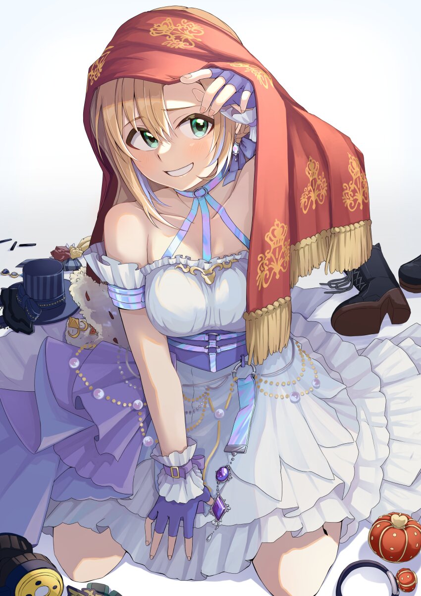 1girl absurdres bare_shoulders blush breasts brown_hair corset dress earrings fingerless_gloves frilled_dress frills from_above gloves green_eyes highres idolmaster idolmaster_cinderella_girls idolmaster_cinderella_girls_starlight_stage jewelry medium_breasts open_mouth purple_corset purple_gloves scarf_on_head shoes short_hair sitting smile solo tada_riina tomasen unworn_headwear unworn_shoes wariza white_dress