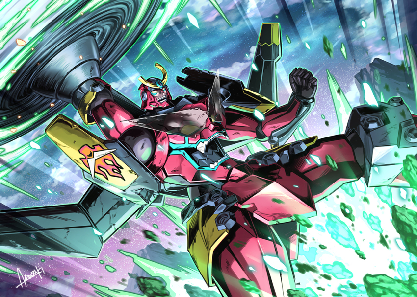 amasaki_yusuke arm_up clenched_hand debris drill energy giga_drill_break glowing glowing_eyes gurren-lagann mecha no_humans robot signature spinning sunglasses super_robot tengen_toppa_gurren_lagann