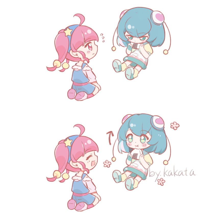 2girls :t ^_^ ahoge ankle_socks antennae aqua_eyes aqua_gloves aqua_hair aqua_shoes bare_shoulders blue_dress blue_hairband blunt_bangs bun_cover chewing chibi closed_eyes closed_mouth dot_nose double_bun dress eating eyelashes fingerless_gloves flying_sweatdrops food frilled_shirt frills gloves hagoromo_lala hair_bobbles hair_bun hair_ornament hairband half-closed_eyes hands_on_own_knees happy heart heart_print highres holding holding_food hoshina_hikaru kakata kneeling long_hair long_sleeves looking_at_another looking_at_viewer medium_dress medium_hair multiple_girls nervous off-shoulder_shirt off_shoulder onigiri open_mouth overall_skirt pink_eyes pink_hair pink_shirt pink_shoes pink_socks precure puffy_long_sleeves puffy_short_sleeves puffy_sleeves sequential shirt shoes short_dress short_sleeves simple_background single_glove sitting smile sneakers socks star_(symbol) star_hair_ornament star_twinkle_precure twintails white_background white_dress yellow_sleeves yellow_socks yuri